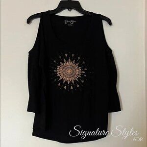 Jessica Simpson Black Top with Gold Sunburst – Size Large